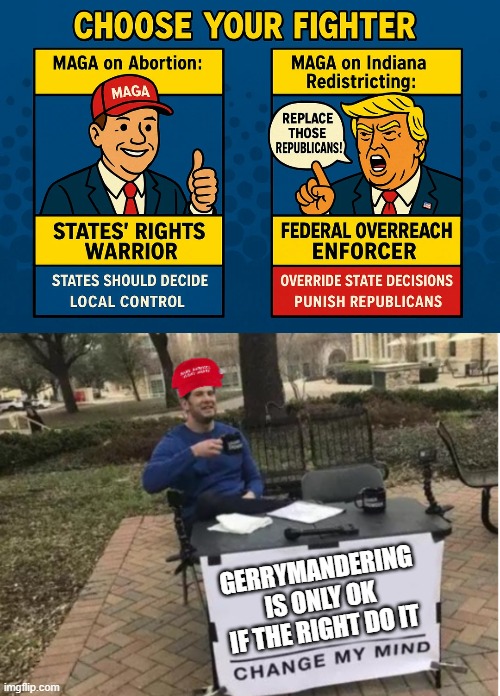 Hypocrisy! | GERRYMANDERING IS ONLY OK IF THE RIGHT DO IT | image tagged in change my mind maga version | made w/ Imgflip meme maker