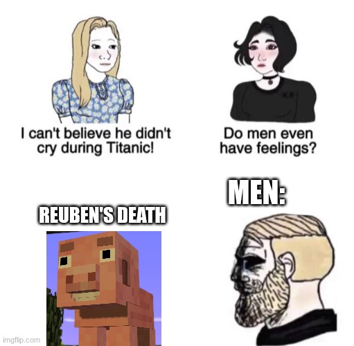 Reuben's Death in Minecraft Story Mode | MEN:; REUBEN'S DEATH | image tagged in chad crying,minecraft story mode,minecraft,sad,death | made w/ Imgflip meme maker