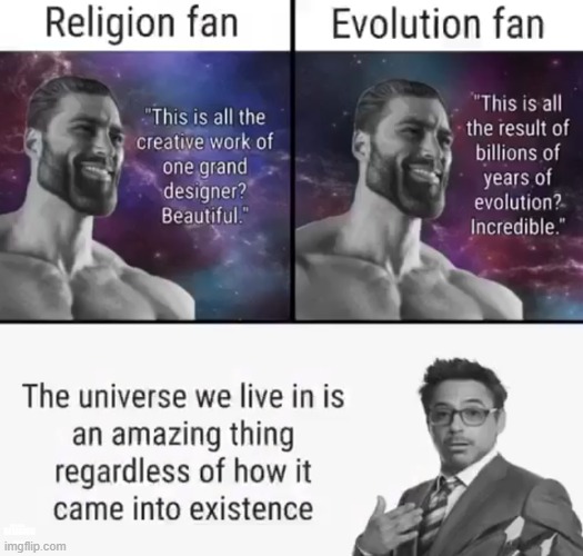 Live the long and beautiful life you deserve brothers | EVOLUTION FAN; "THIS IS ALL THE CREATIVE WORK OF ONE GRAND DESIGNER? BEAUTIFUL."; "THIS IS ALL THE RESULT OF BILLIONS OF YEARS OF EVOLUTION? INCREDIBLE."; THE UNIVERSE WE LIVE IN IS AN AMAZING THING REGARDLESS OF HOW IT CAME INTO EXISTENCE; RELIGION FAN | image tagged in wholesome,memes | made w/ Imgflip meme maker