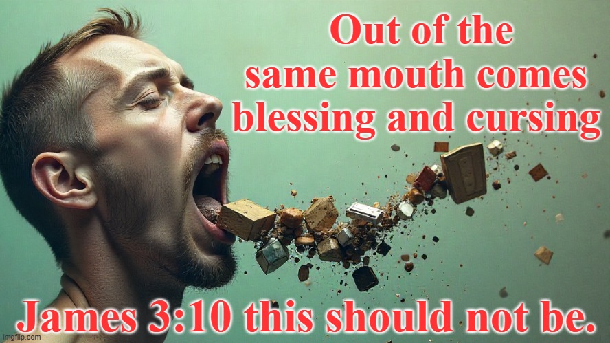James 3:10 | Out of the same mouth comes blessing and cursing; James 3:10 this should not be. | image tagged in bible verse,you better watch your mouth,mouth,cussing,blessings,holy bible | made w/ Imgflip meme maker