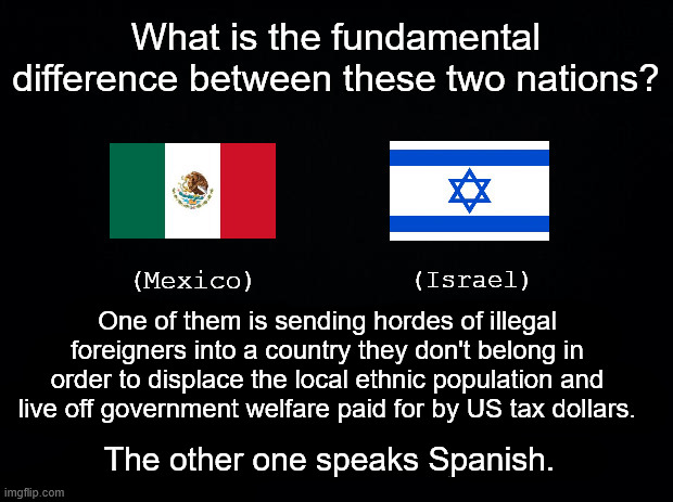 If you knew how much illegal settlers in the West Bank are making off of your income, you'd be angry too. | One of them is sending hordes of illegal foreigners into a country they don't belong in order to displace the local ethnic population and live off government welfare paid for by US tax dollars. The other one speaks Spanish. | image tagged in israel,mexico,illegal immigration,zionist | made w/ Imgflip meme maker
