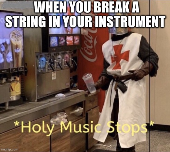 Holy music stops | WHEN YOU BREAK A STRING IN YOUR INSTRUMENT | image tagged in holy music stops | made w/ Imgflip meme maker