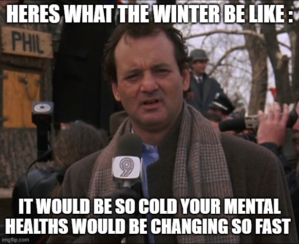 This Is So True :) | HERES WHAT THE WINTER BE LIKE :; IT WOULD BE SO COLD YOUR MENTAL HEALTHS WOULD BE CHANGING SO FAST | image tagged in bill murray groundhog day | made w/ Imgflip meme maker