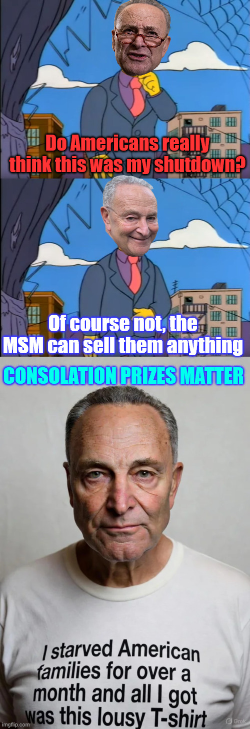 Because consolation prizes matter | Do Americans really think this was my shutdown? Of course not, the MSM can sell them anything; CONSOLATION PRIZES MATTER | image tagged in out of touch schumer,schumer shutdown,consolation prizes matter | made w/ Imgflip meme maker