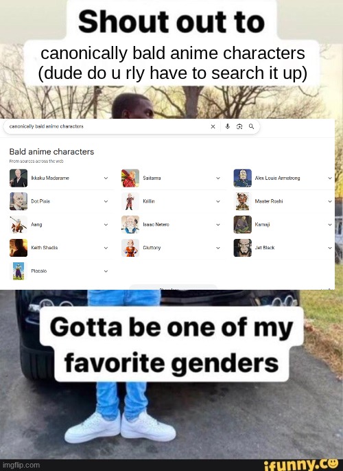 and they are always gonna be op (no I don't have feelings for the minors) | canonically bald anime characters (dude do u rly have to search it up) | image tagged in gotta be one of my favorite genders,weird stuff,meow | made w/ Imgflip meme maker