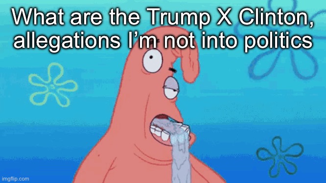 Patrick drooling | What are the Trump X Clinton, allegations I’m not into politics | image tagged in patrick drooling | made w/ Imgflip meme maker