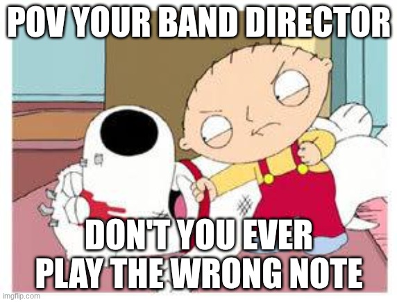 harsh | POV YOUR BAND DIRECTOR; DON'T YOU EVER PLAY THE WRONG NOTE | image tagged in stewie where's my money | made w/ Imgflip meme maker