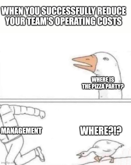 Goose Chase | WHEN YOU SUCCESSFULLY REDUCE YOUR TEAM'S OPERATING COSTS; WHERE IS THE PIZZA PARTY? MANAGEMENT; WHERE?!? | image tagged in goose chase,pizza,party,team,costs | made w/ Imgflip meme maker