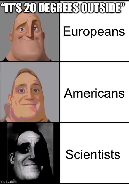 Why they so different tho? | “IT’S 20 DEGREES OUTSIDE”; Europeans; Americans; Scientists | image tagged in 3 frame uncanny mr incredible | made w/ Imgflip meme maker