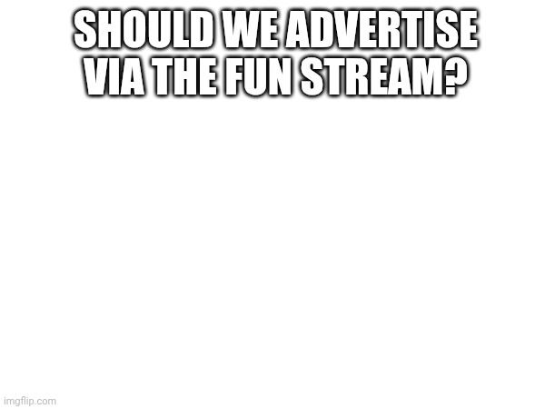 It only has 18 followers and it would help us | SHOULD WE ADVERTISE VIA THE FUN STREAM? | image tagged in memes | made w/ Imgflip meme maker