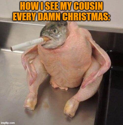Smoking fish chicken | HOW I SEE MY COUSIN EVERY DAMN CHRISTMAS: | image tagged in smoking fish chicken | made w/ Imgflip meme maker