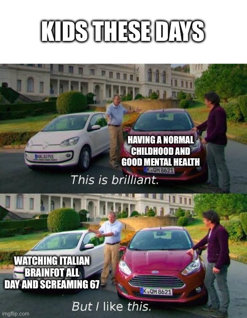 Childhood now in a nutshell | KIDS THESE DAYS; HAVING A NORMAL CHILDHOOD AND GOOD MENTAL HEALTH; WATCHING ITALIAN BRAINFOT ALL DAY AND SCREAMING 67 | image tagged in this is brilliant but i like this,gen alpha,memes,italian brainrot,67 sucks,critics | made w/ Imgflip meme maker