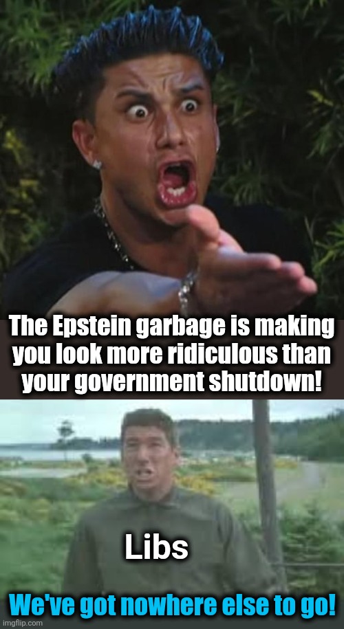 Libs out of options and out of ideas | The Epstein garbage is making
you look more ridiculous than
your government shutdown! Libs; We've got nowhere else to go! | image tagged in memes,dj pauly d,nowhere else to go,democrats,jeffrey epstein,government shutdown | made w/ Imgflip meme maker
