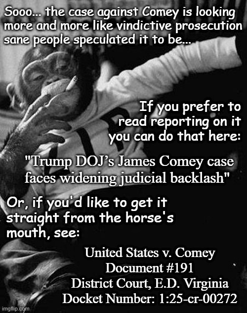 The problem with false prosecutions is, sooner or later, they fall apart. | Sooo... the case against Comey is looking
more and more like vindictive prosecution
sane people speculated it to be... If you prefer to
read reporting on it
you can do that here:; "Trump DOJ’s James Comey case faces widening judicial backlash"; Or, if you'd like to get it
straight from the horse's
mouth, see:; United States v. Comey
Document #191
District Court, E.D. Virginia
Docket Number: 1:25-cr-00272 | image tagged in zip the smoking chimp,trump administration,incompetence | made w/ Imgflip meme maker