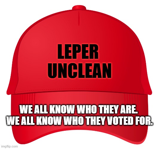 red hat | LEPER                UNCLEAN; WE ALL KNOW WHO THEY ARE.    WE ALL KNOW WHO THEY VOTED FOR. | image tagged in red hat | made w/ Imgflip meme maker