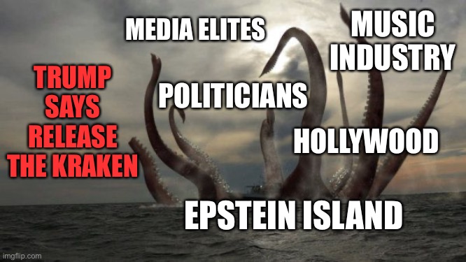 You Guys Asked For It | MUSIC INDUSTRY; MEDIA ELITES; TRUMP SAYS RELEASE THE KRAKEN; POLITICIANS; HOLLYWOOD; EPSTEIN ISLAND | image tagged in kraken | made w/ Imgflip meme maker