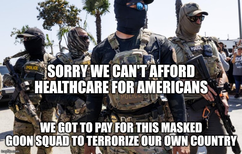 Brown Shirts | SORRY WE CAN'T AFFORD HEALTHCARE FOR AMERICANS; WE GOT TO PAY FOR THIS MASKED GOON SQUAD TO TERRORIZE OUR OWN COUNTRY | image tagged in masked ice agents are hiding criminals 1/6 militia,fascism,donald trump,healthcare,health insurance | made w/ Imgflip meme maker