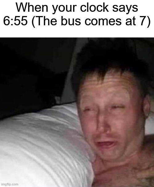 uh oh | When your clock says 6:55 (The bus comes at 7) | image tagged in sleepy guy | made w/ Imgflip meme maker