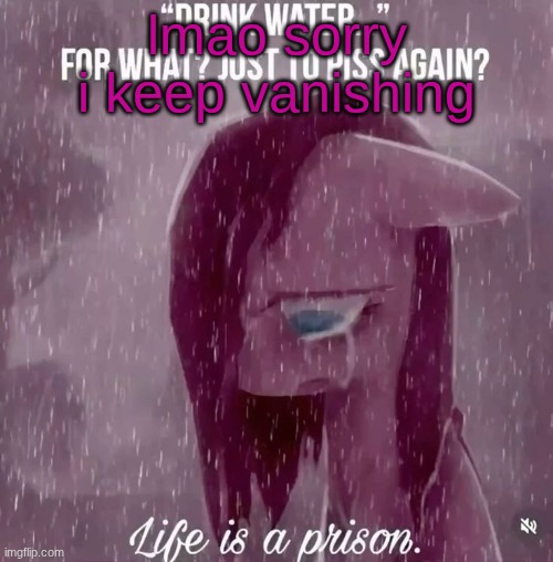 drink water... for what? just to piss again? life is a prison | lmao sorry i keep vanishing | image tagged in drink water for what just to piss again life is a prison | made w/ Imgflip meme maker