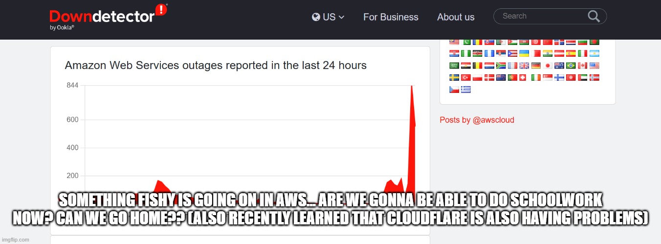 hmmm | SOMETHING FISHY IS GOING ON IN AWS... ARE WE GONNA BE ABLE TO DO SCHOOLWORK NOW? CAN WE GO HOME?? (ALSO RECENTLY LEARNED THAT CLOUDFLARE IS ALSO HAVING PROBLEMS) | made w/ Imgflip meme maker