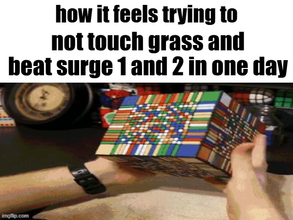 guess the refrence | not touch grass and beat surge 1 and 2 in one day | image tagged in a difficult challenge,idk,oh wow are you actually reading these tags,i'm in ur walls,rubik's cube,i'm back | made w/ Imgflip meme maker