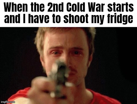 jesse pinkman pointing gun | When the 2nd Cold War starts and I have to shoot my fridge | image tagged in jesse pinkman pointing gun | made w/ Imgflip meme maker