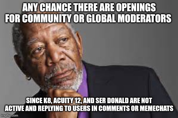 Time to remove some inactive moderators | ANY CHANCE THERE ARE OPENINGS FOR COMMUNITY OR GLOBAL MODERATORS; SINCE K8, ACUITY 12, AND SER DONALD ARE NOT ACTIVE AND REPLYING TO USERS IN COMMENTS OR MEMECHATS | image tagged in deep thoughts by morgan freeman | made w/ Imgflip meme maker