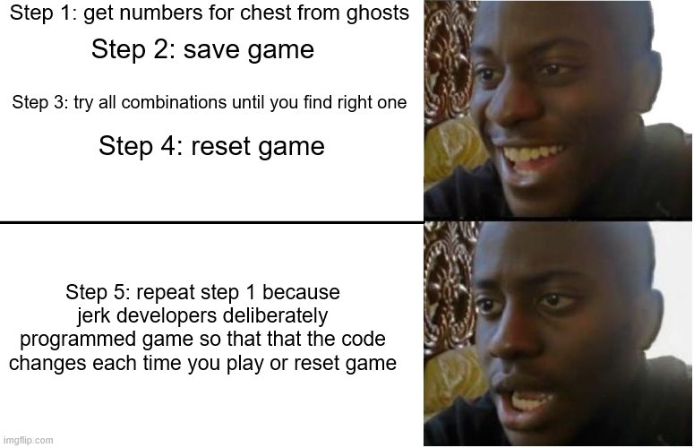 Disappointed Black Guy | Step 1: get numbers for chest from ghosts; Step 2: save game; Step 3: try all combinations until you find right one; Step 4: reset game; Step 5: repeat step 1 because jerk developers deliberately programmed game so that that the code changes each time you play or reset game | image tagged in disappointed black guy | made w/ Imgflip meme maker