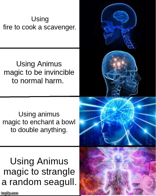 Animus magic uses | Using fire to cook a scavenger. Using Animus magic to be invincible to normal harm. Using animus magic to enchant a bowl to double anything. Using Animus magic to strangle a random seagull. | image tagged in galaxy brain,wings of fire | made w/ Imgflip meme maker