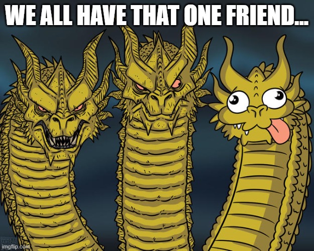 friends | WE ALL HAVE THAT ONE FRIEND... | image tagged in three-headed dragon | made w/ Imgflip meme maker