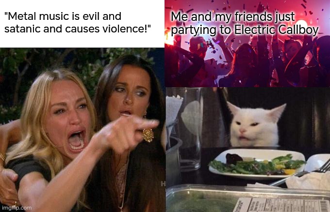 Metal has a lot of diversity to it | "Metal music is evil and satanic and causes violence!"; Me and my friends just partying to Electric Callboy | image tagged in memes,woman yelling at cat,party,metal | made w/ Imgflip meme maker