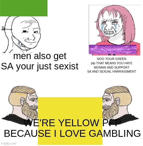 pov tiktok | men also get SA your just sexist; NOO YOUR GREEN pfp THAT MEANS YOU HATE WOMAN AND SUPPORT SA AND SEXUAL HARRASSMENT; WE'RE YELLOW PFP BECAUSE I LOVE GAMBLING | image tagged in wojak and nordic gamer,cry | made w/ Imgflip meme maker