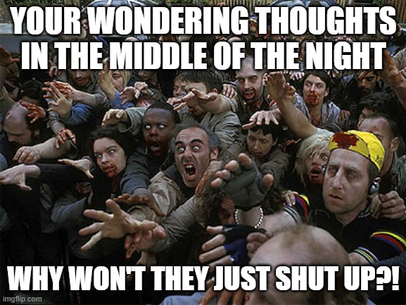 Zombies Approaching | YOUR WONDERING THOUGHTS IN THE MIDDLE OF THE NIGHT; WHY WON'T THEY JUST SHUT UP?! | image tagged in zombies approaching | made w/ Imgflip meme maker