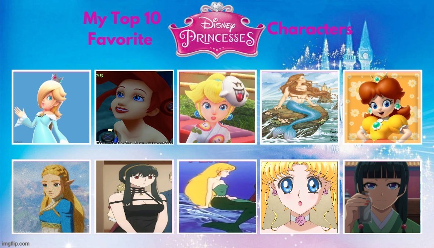 top 10 favorite princesses | image tagged in top 10 favorite princesses,disney princesses,videogames,anime,the little mermaid,fairy tales | made w/ Imgflip meme maker