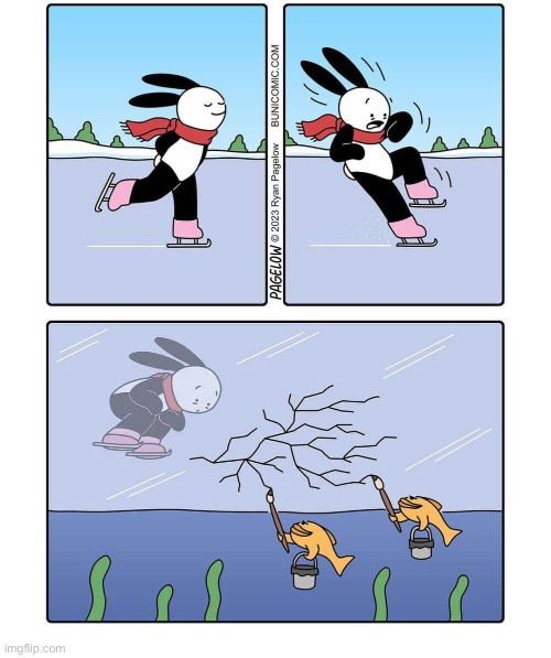 Buni Comics | image tagged in comics,buni comics,ice skating,fish,cracks,funny business | made w/ Imgflip meme maker