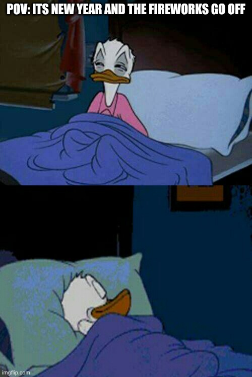 Me | POV: ITS NEW YEAR AND THE FIREWORKS GO OFF | image tagged in sleepy donald duck in bed | made w/ Imgflip meme maker