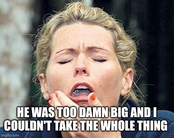 Gagging | HE WAS TOO DAMN BIG AND I COULDN'T TAKE THE WHOLE THING | image tagged in gagging | made w/ Imgflip meme maker