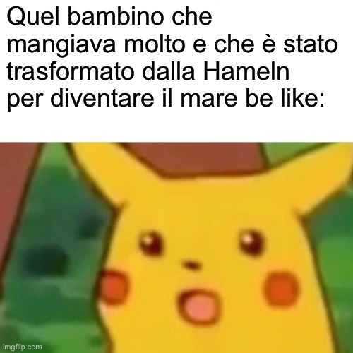 Surprised Pikachu Meme | Quel bambino che mangiava molto e che è stato trasformato dalla Hameln per diventare il mare be like: | image tagged in memes,surprised pikachu | made w/ Imgflip meme maker