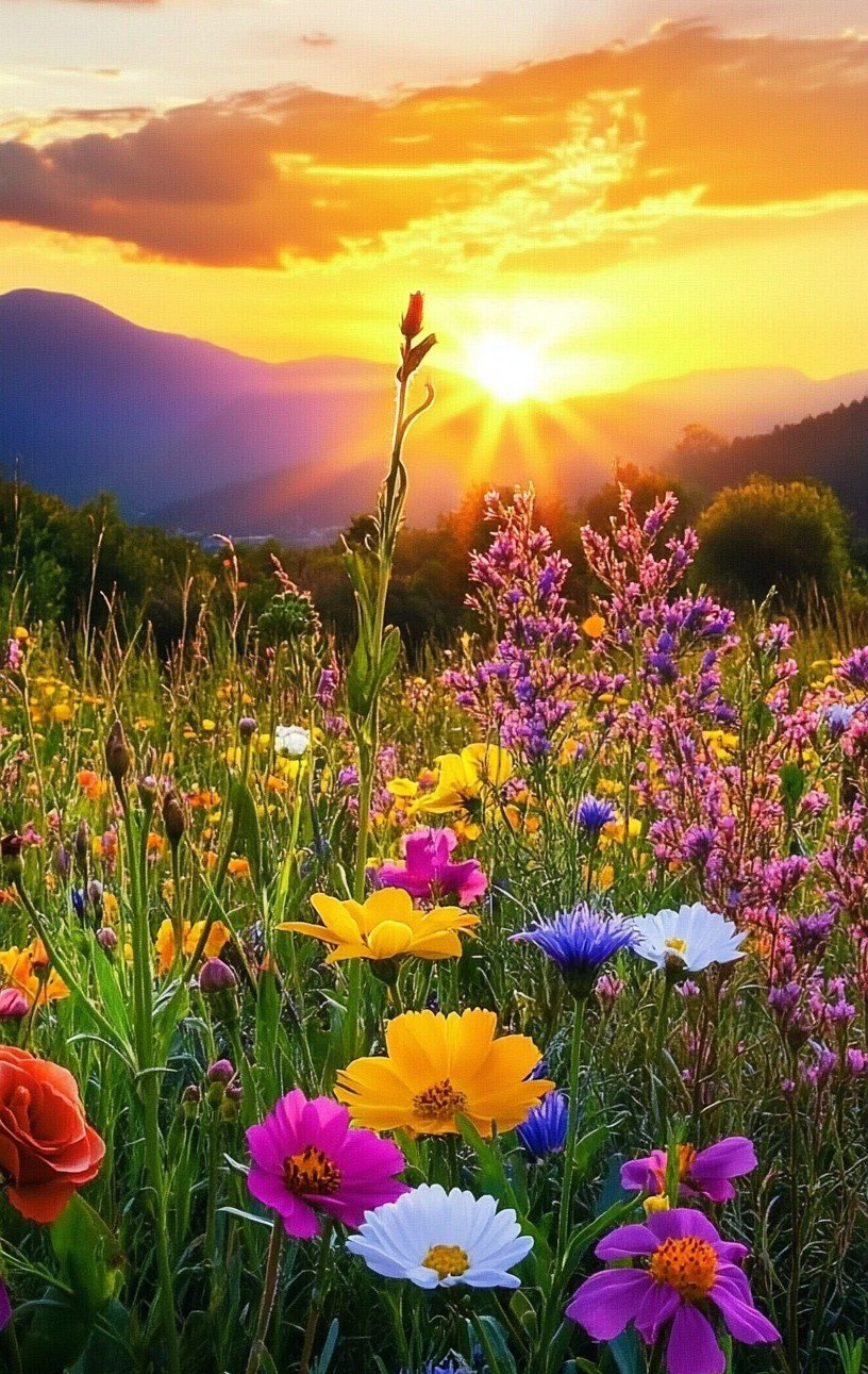 Sunset field of flowers mountains beautiful Blank Meme Template