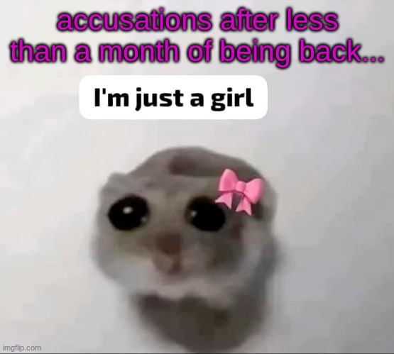 I'm just a girl | accusations after less than a month of being back... | image tagged in i'm just a girl | made w/ Imgflip meme maker