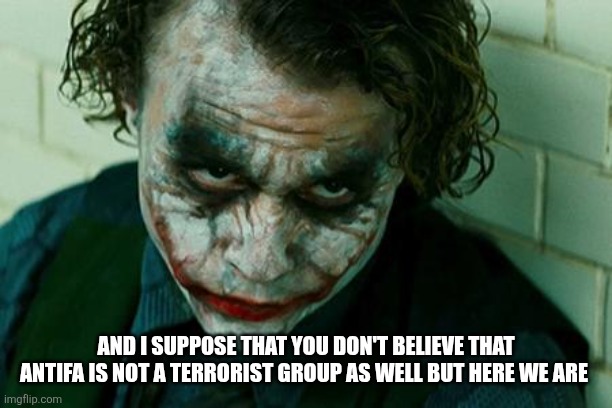 The Joker Really | AND I SUPPOSE THAT YOU DON'T BELIEVE THAT ANTIFA IS NOT A TERRORIST GROUP AS WELL BUT HERE WE ARE | image tagged in the joker really | made w/ Imgflip meme maker