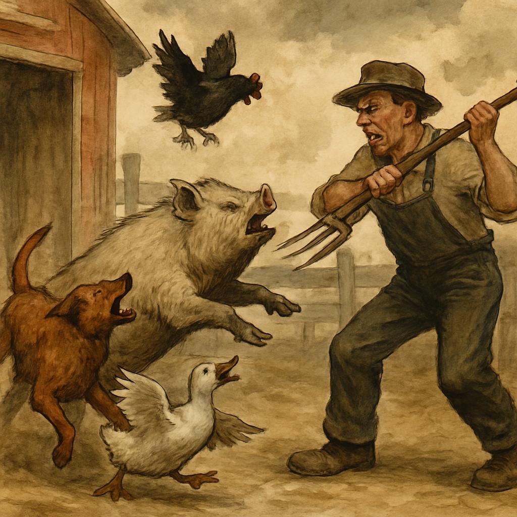 A old middle white boar fighting with other animals against a fa Blank Meme Template