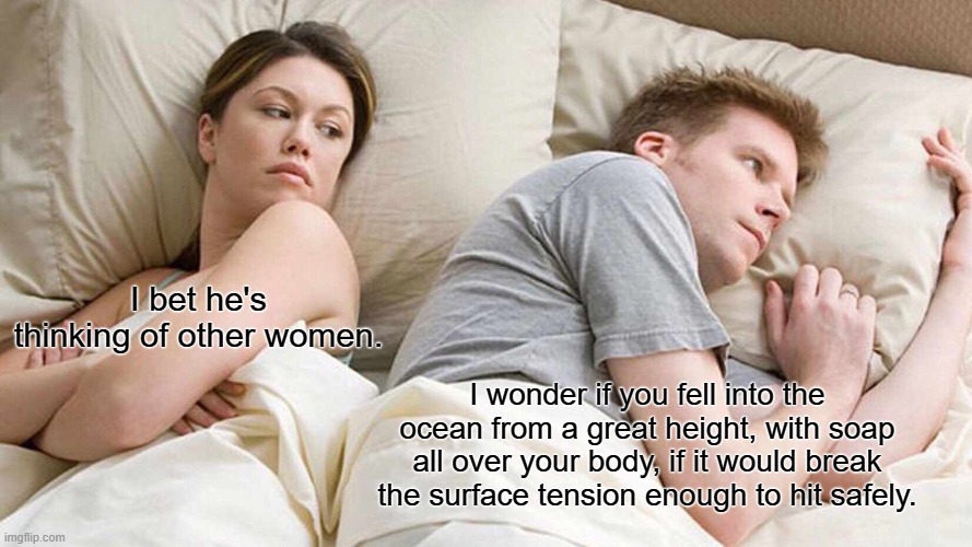 What is he thinking in bed? | I bet he's thinking of other women. I wonder if you fell into the ocean from a great height, with soap all over your body, if it would break the surface tension enough to hit safely. | image tagged in memes,i bet he's thinking about other women | made w/ Imgflip meme maker
