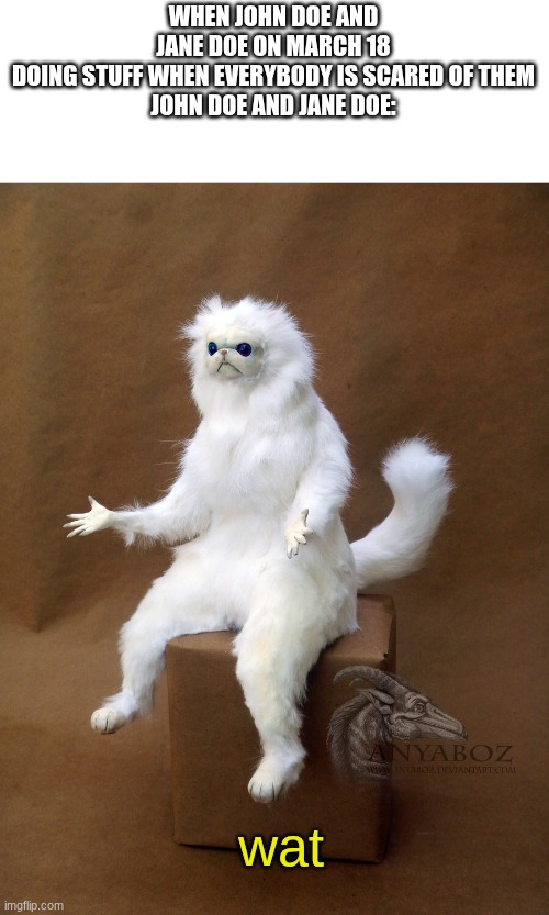 I FEEL JOHN DOE DAWG? | WHEN JOHN DOE AND JANE DOE ON MARCH 18 DOING STUFF WHEN EVERYBODY IS SCARED OF THEM

JOHN DOE AND JANE DOE:; wat | image tagged in memes,persian cat room guardian single,gaming,roblox,forsaken,funny | made w/ Imgflip meme maker