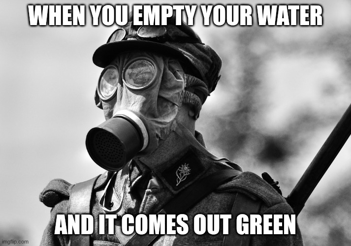 yuck | WHEN YOU EMPTY YOUR WATER; AND IT COMES OUT GREEN | image tagged in ww1 gas mask | made w/ Imgflip meme maker