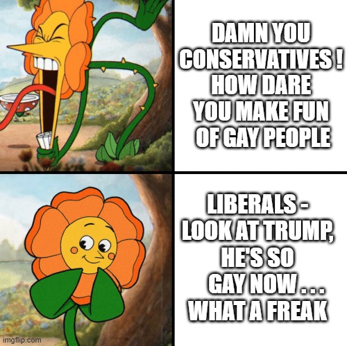 Liberals: Blame Shift | DAMN YOU CONSERVATIVES !
HOW DARE YOU MAKE FUN
 OF GAY PEOPLE; LIBERALS -
LOOK AT TRUMP,
HE'S SO
    GAY NOW . . .
WHAT A FREAK | image tagged in cagney carnation yelling,leftists,democrats,liberals,gay | made w/ Imgflip meme maker