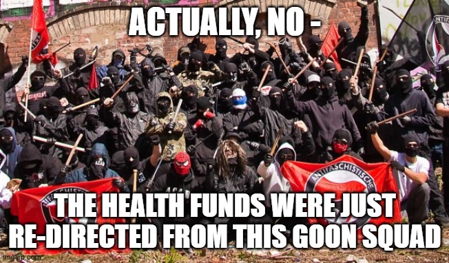 Antifa | ACTUALLY, NO - THE HEALTH FUNDS WERE JUST RE-DIRECTED FROM THIS GOON SQUAD | image tagged in antifa | made w/ Imgflip meme maker