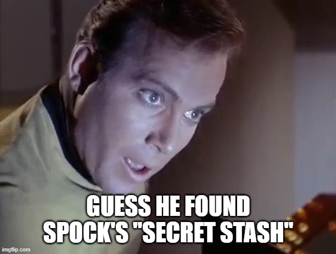 Dirty Spock | GUESS HE FOUND SPOCK'S "SECRET STASH" | image tagged in captain kirk surprised | made w/ Imgflip meme maker