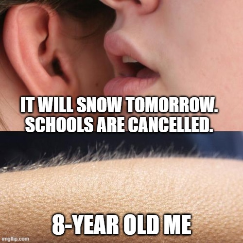 Snow day | IT WILL SNOW TOMORROW. SCHOOLS ARE CANCELLED. 8-YEAR OLD ME | image tagged in whisper and goosebumps | made w/ Imgflip meme maker