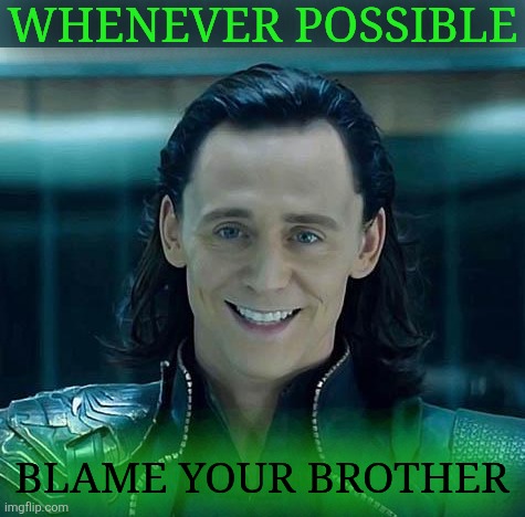 Loki | WHENEVER POSSIBLE BLAME YOUR BROTHER | image tagged in loki | made w/ Imgflip meme maker